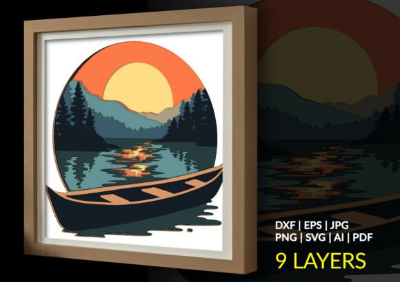 Boat Lake at Sunset Mountain Landscape 3D SVG Shadow Boxes