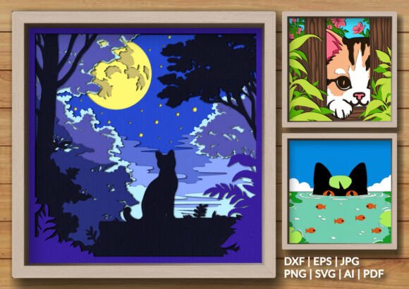 Cute Cat Layered Shadow Box Bundle for 3D SVG and Shadow Boxes