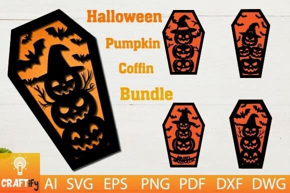 Halloween Pumpkin Coffin SVG Bundle: A Spooky 3D Graphic Design Asset for Seasonal Branding